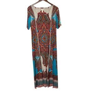 Chicos Bright Colorful Short Sleeve Side Slits Maxi Dress Women's Medium 8